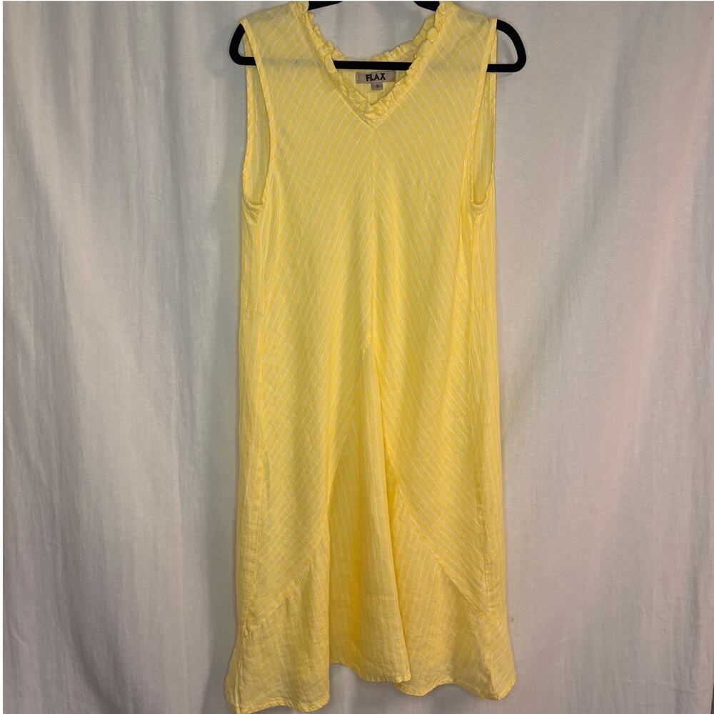 FLAX Linen Yellow Striped Sleeveless Dress Ruffle Hem Size S